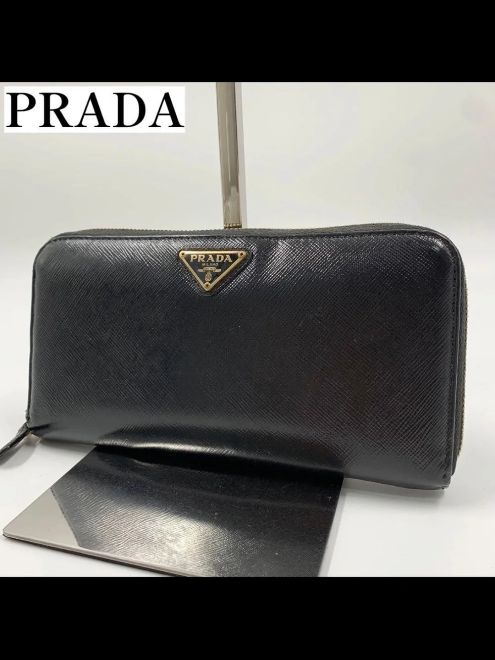 Prada Black Saffiano Zip Wallet with Gold Logo